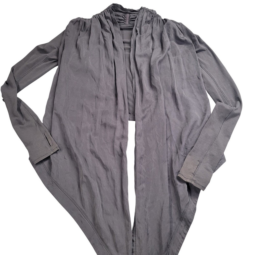 Lululemon Savasana Wrap Cardigan Gray Open Front Thumbholes Ruched Back Yoga
